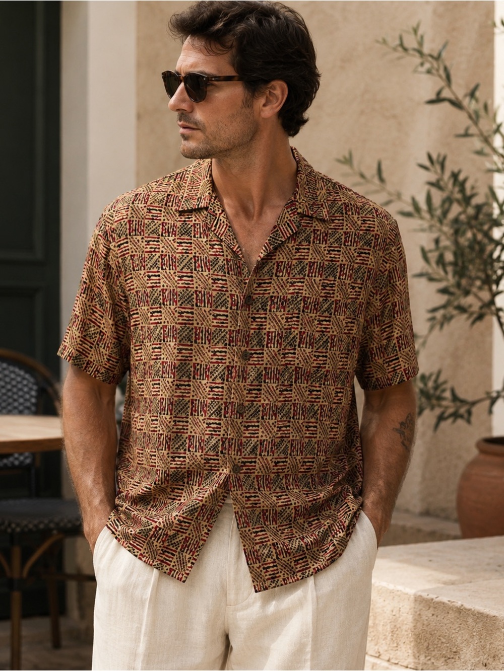 Y2K J.Ferrar Viscose Camp Shirt | Abstract Geometric Resort Button Up M